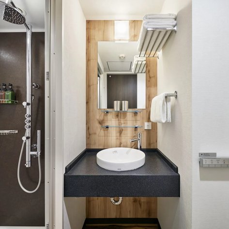 Ein modernes Badezimmer mit einer eleganten Dusche, einem runden Waschbecken und stilvollen Holzverkleidungen an den Wänden.