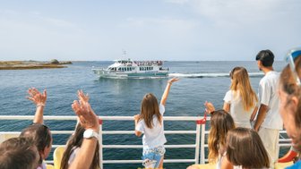 Eine Gruppe von Passagieren winkt einem Boot zu, das sanft über das Wasser gleitet, während die Sonne am Himmel scheint.
