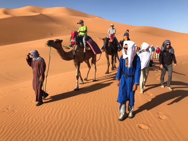 Menschen führen Kamele durch die Sanddünen – Marokko Familienreise
