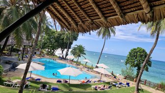 Ein einladender Poolbereich umgeben von Palmen, mit Sonnenliegen und Gästen, die sich entspannen und die Aussicht genießen.