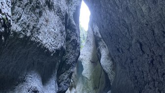 Eine enge Schlucht mit hohen, steilen Felswänden, die von sanftem Licht durchbrochen wird, während ein schmaler Wasserlauf fließt.
