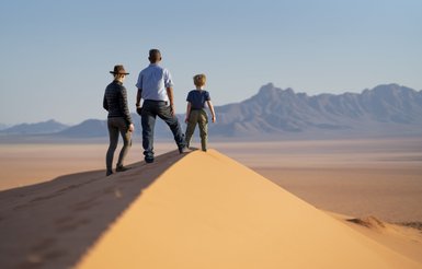 Drei Personen, darunter ein Erwachsener und ein Kind, stehen auf einer Düne und blicken auf die weite Namib-Wüste.