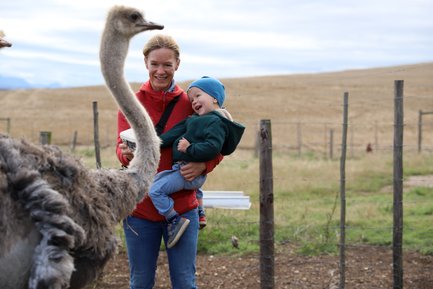 Lächelnde Mutter hält ihr Baby beim Füttern von Straußen auf der Skeiding Guest Farm – Garden Route Reise mit Kindern
