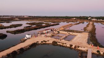 Eine malerische Landschaft mit Salinen, umgeben von Wasser und sanften Hügeln, während die Dämmerung einsetzt.