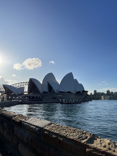 Die beeindruckende Sydney Oper steht majestätisch am Wasser, umgeben von den glitzernden Wellen des Hafens und unter klarem Himmel.