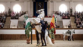 Ein Reiter in traditioneller Kleidung führt ein weißes Pferd, das auf den Hinterbeinen steht, in einer eleganten Reitkunstvorführung.