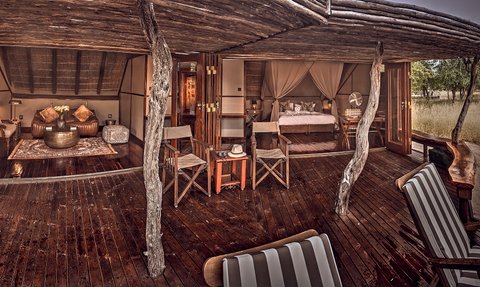 Ein stilvolles Zimmer im Botswana Lodge mit Holzdecke, gemütlichen Möbeln und Blick auf die Natur durch große Fenster.