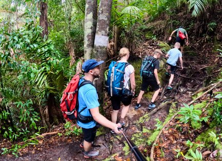 Familie wandert gemeinsam auf einem Naturpfad durch den Bako Nationalpark – Malaysia & Borneo mit Kindern