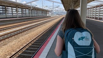 Eine Person mit einem Rucksack steht an einem modernen Bahnhof und schaut auf die Gleise, die in die Ferne führen.
