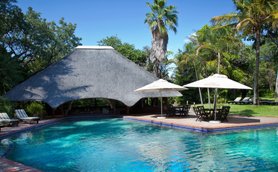 Ein einladender Poolbereich mit einem schattigen Dach und Liegen, umgeben von üppigem Grün und Palmen unter klarem Himmel.