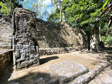 Verwitterte Steinblöcke mit Maya-Gravuren im Dschungel von Calakmul – Mexiko Familienreise