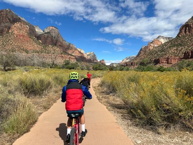 Drei Radfahrer in bunten Helmen fahren auf einem Weg durch die beeindruckende Landschaft des Zion Nationalparks.