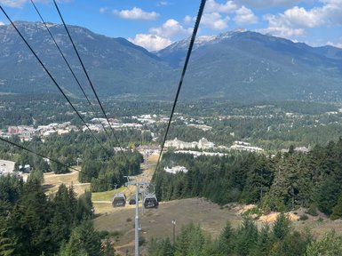 Eine Seilbahn schwebt über eine grüne Landschaft mit Bergen im Hintergrund und einem strahlend blauen Himmel.