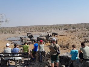 Eine Reisegruppe beobachtet interessiert einer Herde Elefanten am Wasserloch - Namibia mit Kindern 
