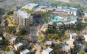 Moderne Außenansicht des dusitD2 Naseem Resorts inmitten der Berglandschaft am Jebel Akhdar – Oman Reise mit Kindern