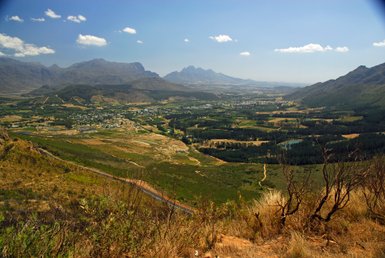 Weite Aussicht auf das Franschhoek-Tal mit Weinbergen und Bergen im Hintergrund – Garden Route Reise mit Kindern
