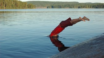 Ein Junge in rotem Badeanzug taucht kopfirst in einen klaren See, umgeben von grünen Bäumen und ruhigem Wasser.