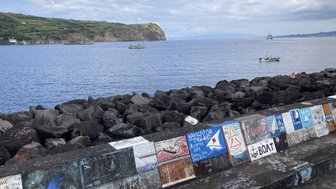 Ein Blick auf den Hafen mit einer steinigen Uferpromenade, die mit bunten Graffiti und Segelbooten im Wasser geschmückt ist.