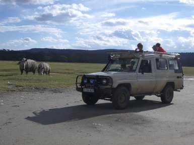 Eine Familie sitzt auf einem Geländewagen und beobachtet zwei Nashörner in der weiten Landschaft des Nationalparks.