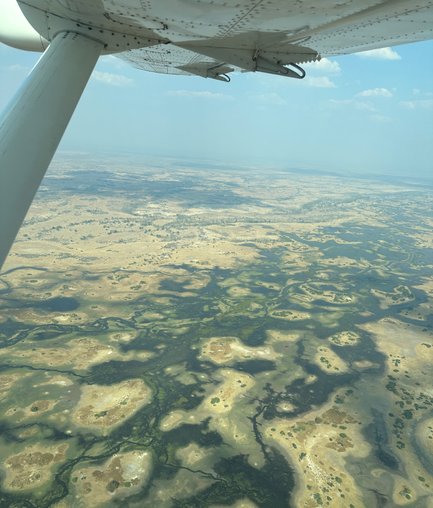 Ein Blick aus einem Kleinflugzeug zeigt die weite, grüne Landschaft Botswanas mit Wasserläufen und kleinen Inseln.
