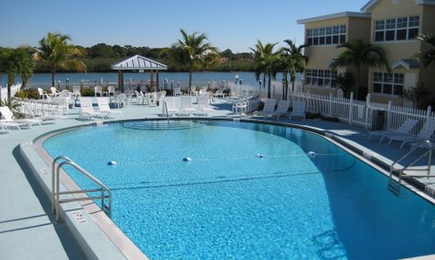 Ein einladender Pool umgeben von Sonnenliegen und Palmen, mit ruhigem Wasser und blauer Himmel im Hintergrund.