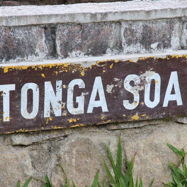Ein verwittertes Schild mit der Aufschrift 'TONGA SOA' steht an einer Steinmauer, umgeben von grünem Gras.
