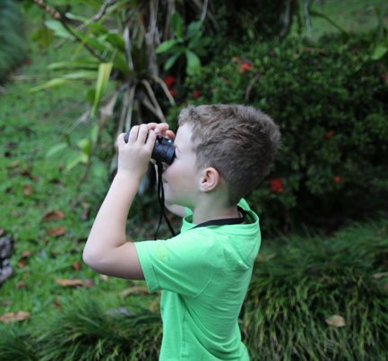 Junge erkundet die Natur mit Fernglas in der Maquenque Eco Lodge – Familienreise Costa Rica