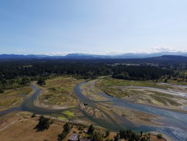 Eine weite Landschaft mit einem geschwungenen Fluss, umgeben von grünen Wäldern und sanften Hügeln unter einem klaren Himmel.