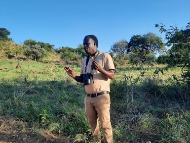 Guide erläutert Details bei einem Bushwalk durch die Grumeti Hills – Tansania Familienreise