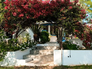 Ein einladender Eingang mit blühenden Bougainvillea und einer Treppe, die zu einem hellen, freundlichen Gebäude führt.