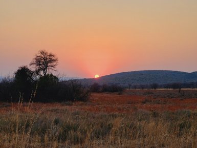 Die Sonne versinkt hinter den Hügeln und taucht das Entabeni Game Reserve in warmes Licht – Südafrika Familienreise