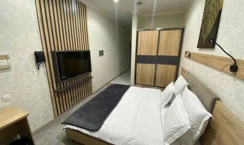 Ein modernes Hotelzimmer mit einem großen Bett, einem Fernseher und einer stilvollen Holzverkleidung an der Wand.
