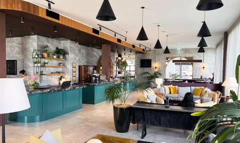 Der moderne Empfangsbereich des Sudima Hotels in Auckland zeigt eine stilvolle Einrichtung mit Pflanzen und eleganten Möbeln.