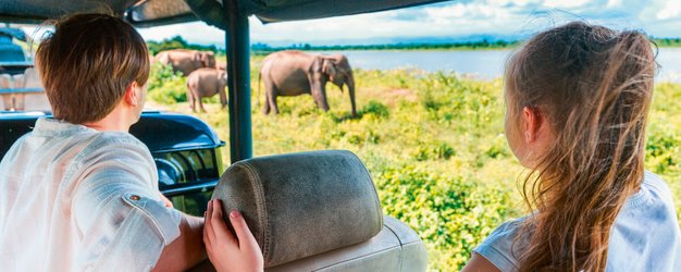 Eine Familie fährt im offenen Jeep durch den Udawalawe Nationalpark auf der Suche nach wilden Tieren – Sri Lanka mit Kindern
