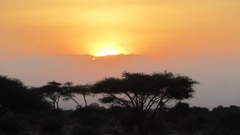 Warm leuchtender oranger Sonnenuntergang im Nationalpark – Tansania mit Kindern