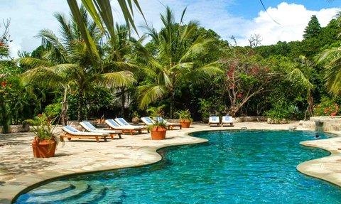 Ein einladender Pool umgeben von üppigen Palmen und bunten Blumen, ideal für entspannende Tage im Freien.