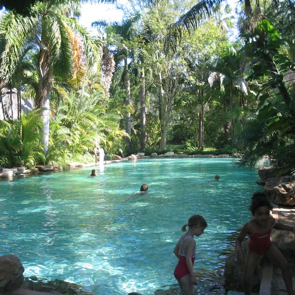 Ein tropischer Pool umgeben von üppigem Grün, in dem Kinder fröhlich spielen und schwimmen.