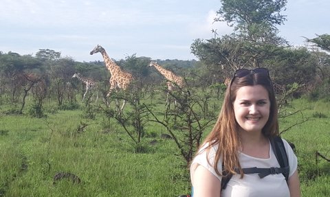 Eine Frau mit Rucksack lächelt vor einer Gruppe von Giraffen, die in der grünen Savanne von Mburo Nationalpark grasen.