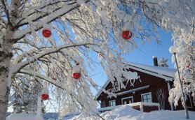 Ein verschneiter Baum mit roten Weihnachtskugeln vor einer rustikalen Hütte in einer winterlichen Landschaft.