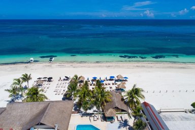 Ein atemberaubender Blick auf den weißen Sandstrand von Puerto Morelos, umgeben von Palmen und klarem, blauem Wasser.