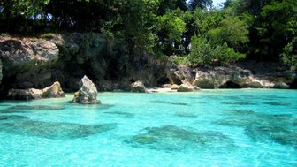 Kristallklares Wasser umgibt große, glatte Steine, während üppiges Grün die Küste im Hintergrund ziert.