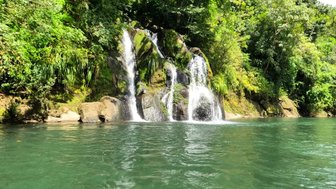 Ein malerischer Wasserfall fließt über moosbedeckte Felsen in einen klaren, grünen Fluss, umgeben von üppiger Vegetation.
