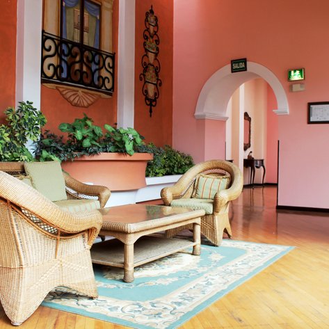 Ein gemütlicher Lounge-Bereich mit geflochtenen Möbeln und einem eleganten Teppich, umgeben von grünen Pflanzen.