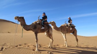 Zwei Jugendliche reiten auf Kamelen durch die Dünenlandschaft der Sahara – Familienreise nach Marokko