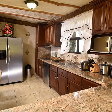 Eine moderne Küche mit Holzschränken, Edelstahlgeräten und einer eleganten Granitarbeitsplatte, die einladend wirkt.