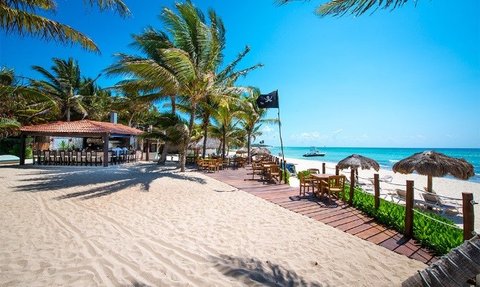 Ein sonniger Strand mit Palmen, einem Restaurant im Hintergrund und einem Boot, das sanft auf dem Wasser schaukelt.