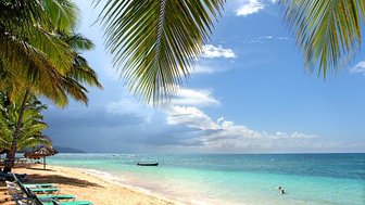 Ein ruhiger Strand mit feinem Sand, umgeben von Palmen und klarem, türkisfarbenem Wasser unter einem strahlend blauen Himmel.