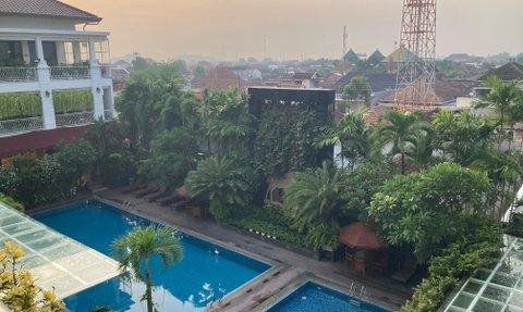 Ein Blick auf einen ruhigen Hotelpool, umgeben von üppigem Grün und Sonnenliegen, unter einem sanften Morgenhimmel.