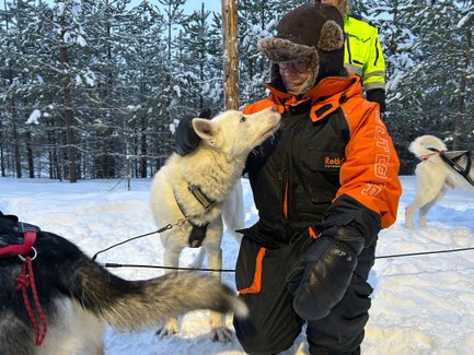 Ein Mensch in warmer Kleidung interagiert liebevoll mit einem weißen Husky in einer verschneiten Waldlandschaft.