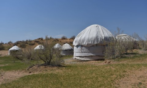 In einer weiten, sandigen Landschaft stehen mehrere traditionelle Jurten, umgeben von spärlichem Gras und kleinen Sträuchern.